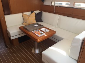 Jeanneau Sun Odyssey 44DS Main Salon, View Forward to Starboard, Table Lowered